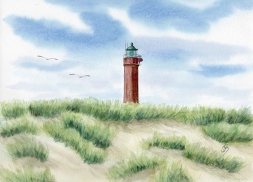 Poster DIN-A4 Aquarell Maritim Kunst Druck Kunstdruck Nordsee Norderney Leuchtturm Insel Strand Düne